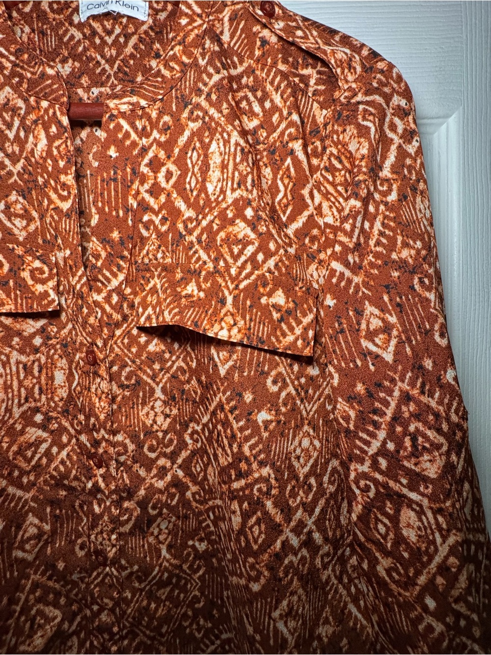 Calvin Klein Rust Patterned Button-Front Blouse - Picture 3 of 7